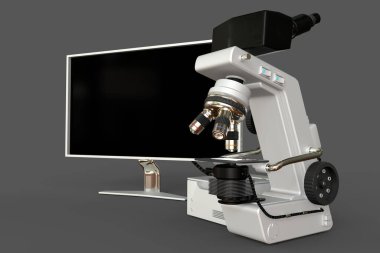 Beyaz bilimsel mikroskop, Cpu kutusu ve boş monitör izole edilmiş, hayali tasarım ile gerçekçi tıbbi 3D illüstrasyon, mikroskop keşfi kavramı