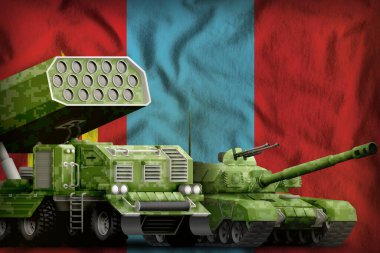Moğolistan bayrağında yaz pikseli kamuflajı olan tank ve roket topçuları. Moğolistan ağır zırhlı araçlar konsepti. 3d Görüntü