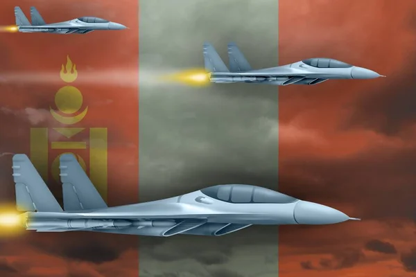 Concepto Ataque Aéreo Mongolia Aviones Guerra Modernos Atacan Fondo Bandera — Foto de Stock
