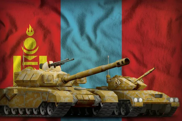 モンゴルの国旗を背景にオレンジ色の迷彩を施した戦車 モンゴル戦車部隊のコンセプト 3Dイラスト — ストック写真
