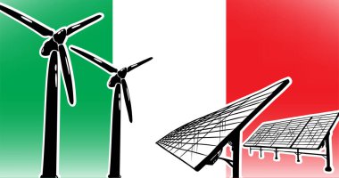 İtalya için alternatif enerji vektörü konsepti bayrak arka planında rüzgar türbinleri ve güneş panelleri, kullanılan yeşil, kırmızı, beyaz renkler