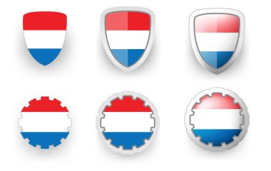 Hollanda bayrak kalkanı düğmesinin 6 vektör simgesi ve çark, bayrak renginde düz ve hacim biçimi kırmızı, mavi, beyaz poster, broşür