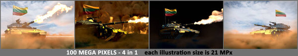 Lithuania army concept - 4 high resolution images of heavy tank with fictive design with Lithuania flag, military 3D Illustration
