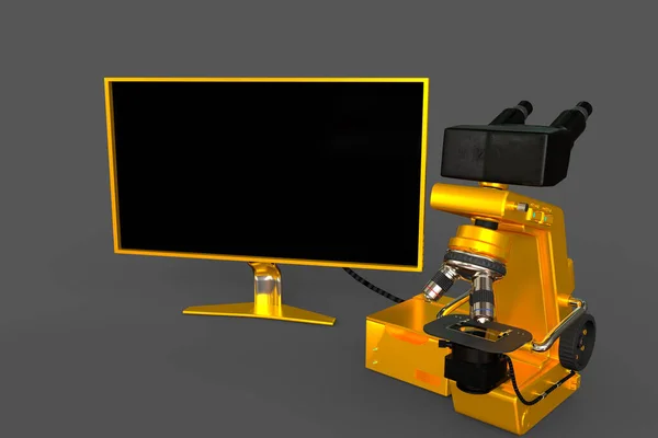 黄色实验显微镜 系统块和空白显示隔离 光学逼真医学3D图解与虚拟设计 药物发现概念 — 图库照片