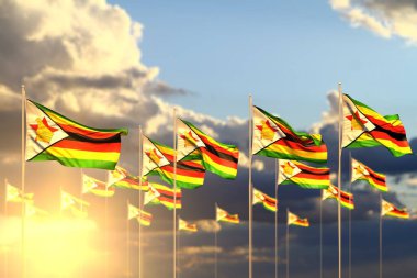 Gün batımında pek çok Zimbabwe bayrakları Bokeh 'le sıraya dizilmiş ve sizin için uygun bir yer - herhangi bir kutlama bayrağı 3D illüstrasyon