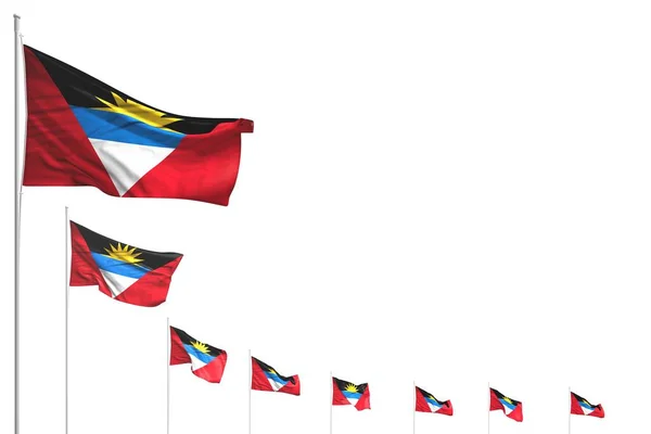 Nice Many Antigua Barbuda Flags Placed Diagonal Isolated White Space — Stock Photo, Image