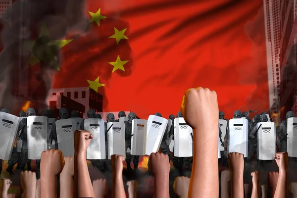 Koncepcja Walki Rewolty Protest Chinach Tle Flagi Policjanci Stoją Przeciwko — Zdjęcie stockowe