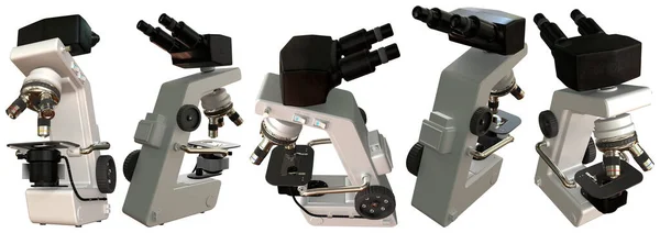 许多专业显微镜的图像 其虚构的设计都是在白色的 现实的三维图像上分离出来的 说明了对象 微生物学研究的概念 — 图库照片