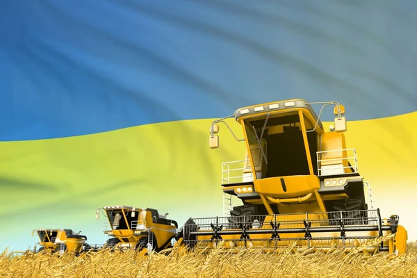 Gul Landsbygd Jordbruk Skördetröska Fältet Med Ukraina Flagga Bakgrund Livsmedelsindustrin — Stockfoto