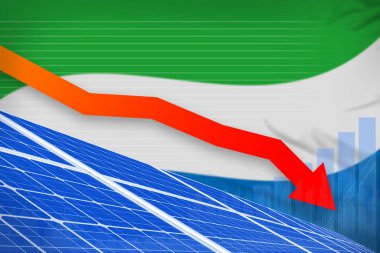 Sierra Leone güneş enerjisi enerji azaltma şeması, ok aşağı - yeşil enerji endüstriyel illüstrasyon. 3B Görüntü