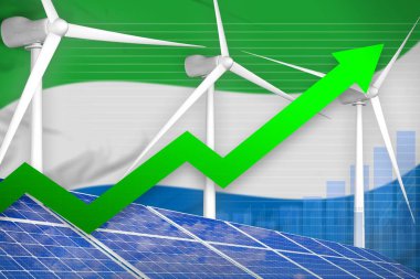 Sierra Leone güneş enerjisi ve rüzgar enerjisi yükselen grafiği, ok yukarı - alternatif enerji endüstriyel illüstrasyonu. 3B Görüntü