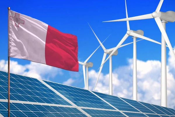 Malta solar and wind energy, renewable energy concept with windmills - renewable energy against global warming - industrial illustration, 3D illustration