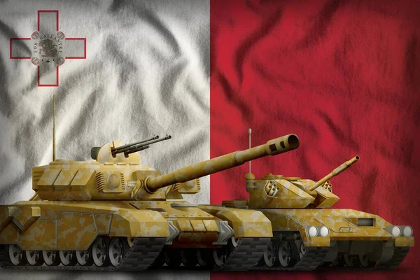 Czołgi Pomarańczowym Kamuflażem Tle Flagi Malty Koncepcja Czołgu Malta Ilustracja — Zdjęcie stockowe