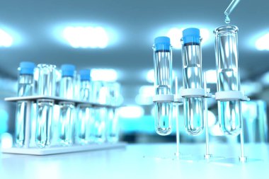 Modern kimya fakültesi kliniğinde laboratuvar test tüpleri - bakteri konsepti için içme suyu kalitesi testi, tıbbi 3D illüstrasyon