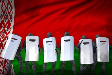Belarus polisi hükümeti isyana karşı koruyor. Protesto durdurma konsepti, bayraklarda 3D görüntü.