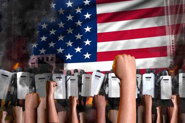 在美国的抗议 警察站在抗议人群的旗帜背景 混乱停止的概念 军事3D说明 — 图库照片
