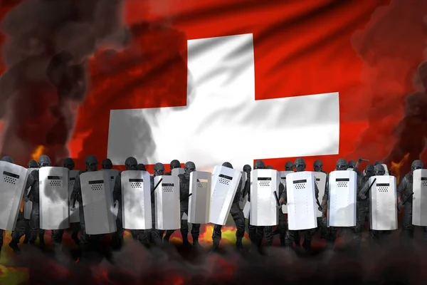Police Suisse Frappe Fumée Épaisse Feu Protégeant Gouvernement Contre Révolte — Photo