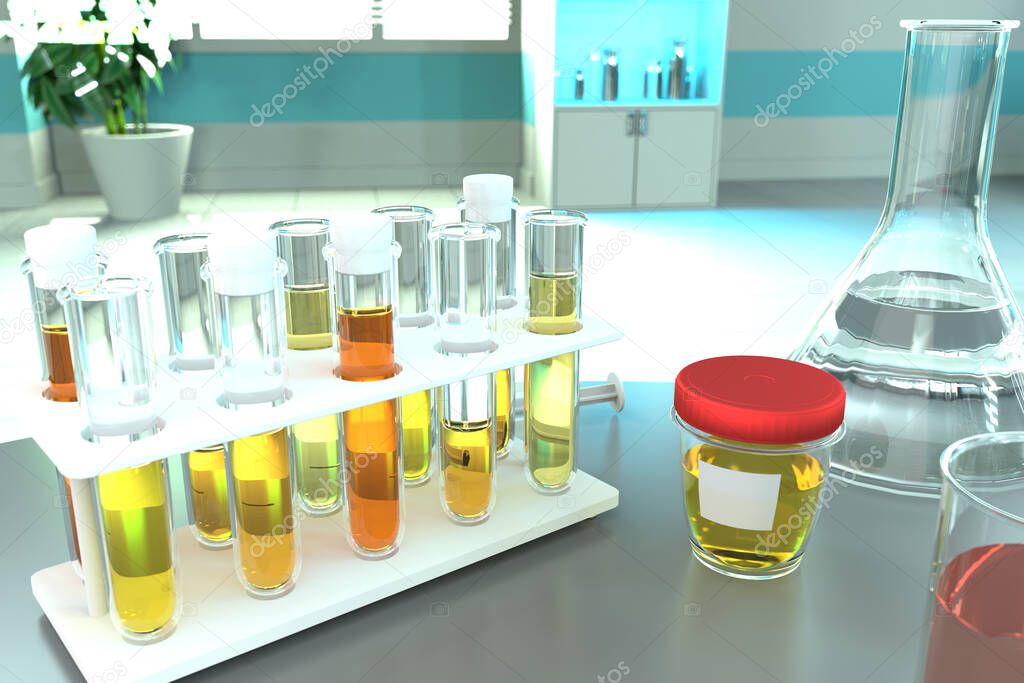 Urine sample test for ascorbic acid vitamin c or tyrosine - laboratory test-tubes in modern biotechnology facility, medical 3D illustration