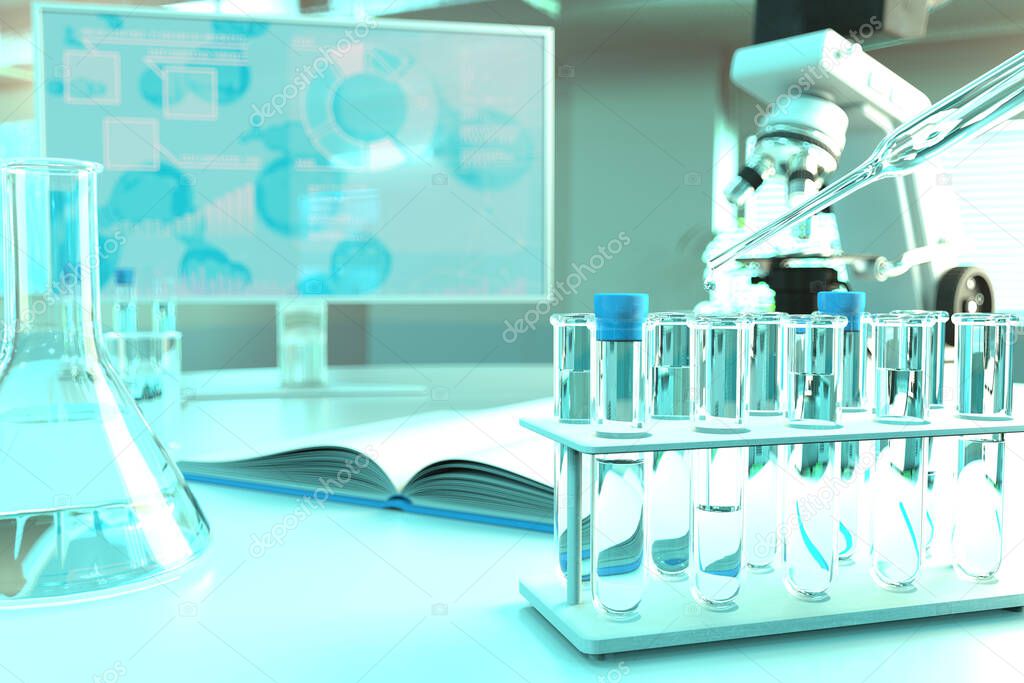 potable water quality test for fluoride - laboratory test tubes in modern microbiology study facility, medical 3D illustration