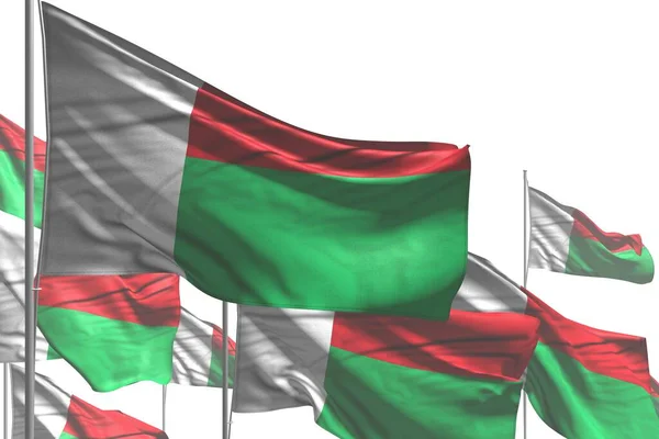 Bonito Muchas Banderas Madagascar Son Onda Aislada Blanco Cualquier Bandera —  Fotos de Stock