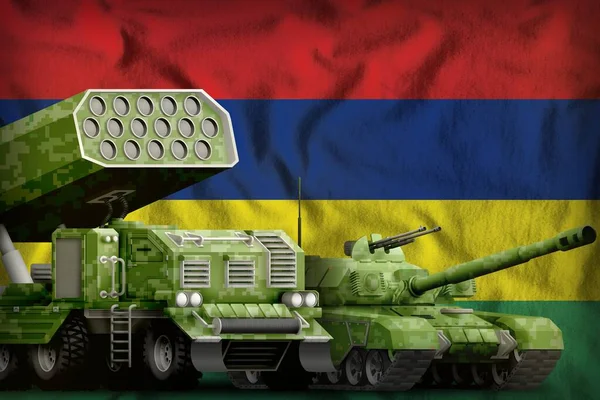 Tanque Lançador Foguetes Com Camuflagem Pixel Verão Fundo Bandeira Maurícia — Fotografia de Stock