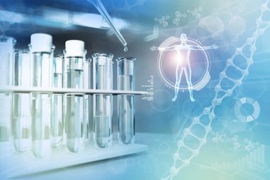 Modern kimyasal araştırma kliniğinde laboratuvar test tüpleri - bakteri tasarımı arka planı için içme suyu kalitesi testi, tıbbi 3D illüstrasyon