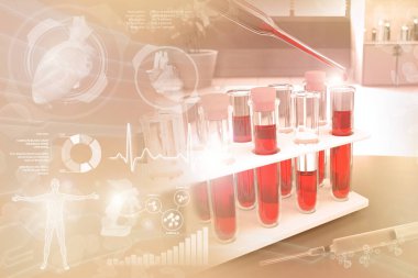 Tıbbi 3D illüstrasyon, çalışma tesisinde test tüpleri - yaratıcı gradyan kaplamalı kan örneği Albumin veya kolesterol testi