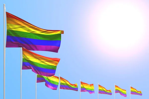 Hermoso Muchas Banderas Orgullo Gay Colocados Diagonal Cielo Azul Con — Foto de Stock