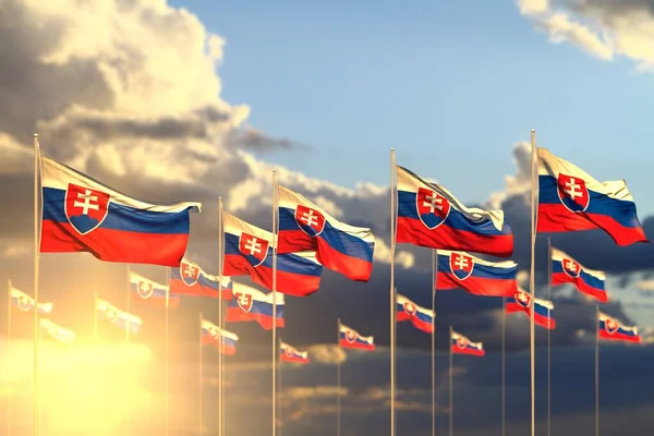 Wspaniałe Wiele Flag Słowacji Zachodzie Słońca Umieszczone Rzędzie Selektywnym Ostrości — Zdjęcie stockowe