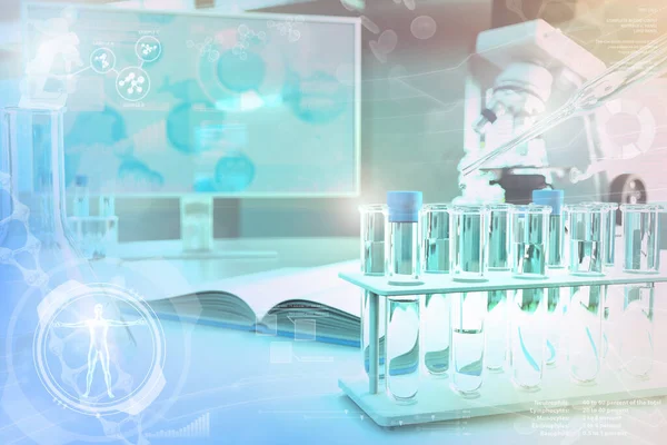 化学研究结构或背景 概念医学3D图解 试管和办公显微镜 — 图库照片