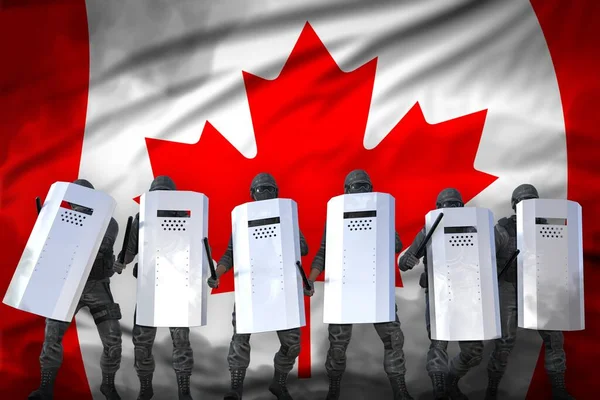 Canada police guards protecting peaceful people against disorder - protest stopping concept, military 3D Illustration on flag background