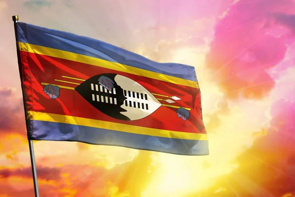 Zwevende Swaziland Vlag Prachtige Kleurrijke Zonsondergang Zonsopgang Achtergrond Swaziland Succes — Stockfoto