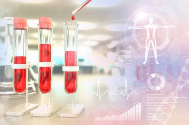 Biyoteknoloji kliniğinde test tüpleri - eozinofil veya fosfor için kan örneği DNA testi, yaratıcı kaplamalı tıbbi 3D çizim