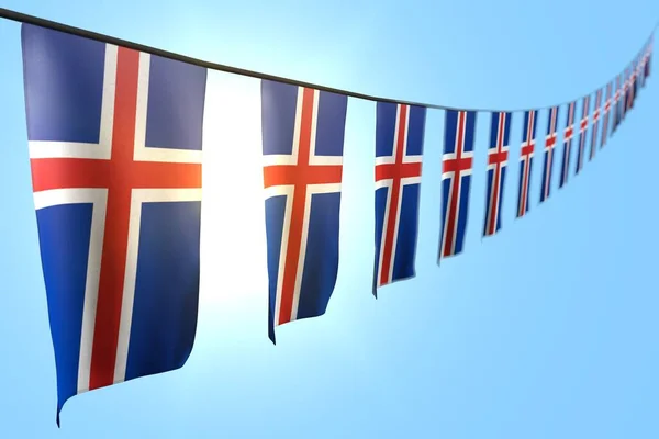 nice many Iceland flags or banners hangs diagonal on string on blue sky background with bokeh - any celebration flag 3d illustration