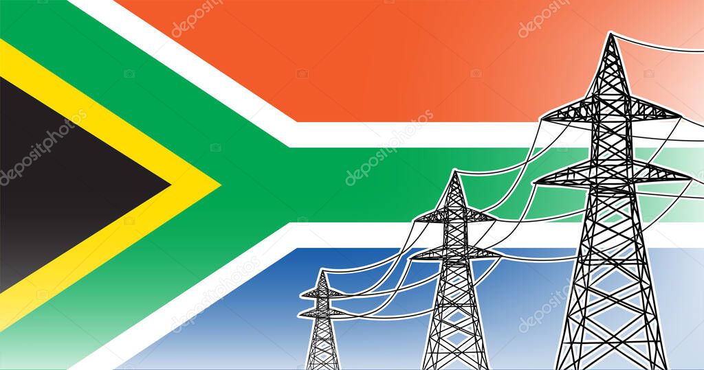 South Africa power supply lines vector concept 3 electric high voltage poles on the flag background in colors  blue, red, green, gold