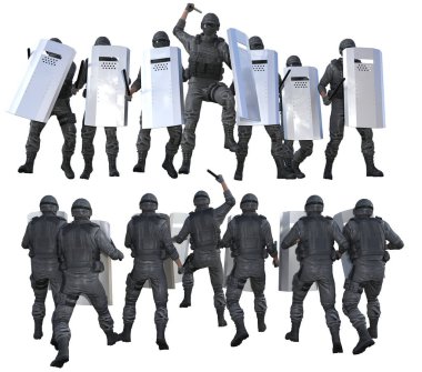 Beyaz arka planda izole edilmiş gösterilere yürüyen ve saldıran polis memurları - protesto dövüş konsepti, askeri 3D İllüstrasyon