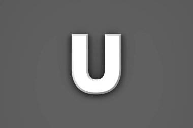 Beyaz kağıt biçimi düz alfabe - Gri arkaplan üzerinde U harfi, sembollerin 3 boyutlu çizimi