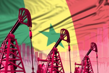 Senegal petrol ve petrol endüstrisi konsepti, Senegal bayrak arka planında endüstriyel illüstrasyon. 3B Görüntü
