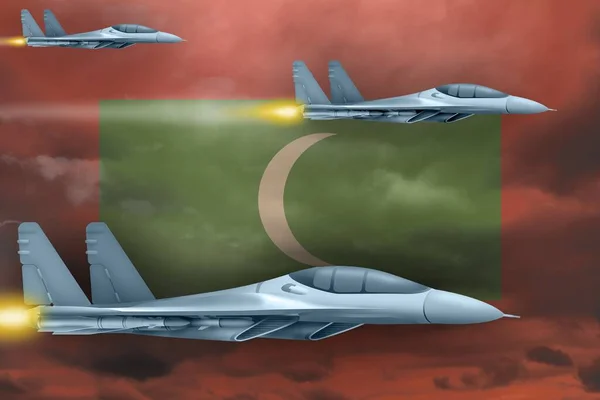 Koncepcja Ataku Malediwów Nowoczesne Samoloty Wojenne Atakują Tle Flagi Malediwów — Zdjęcie stockowe