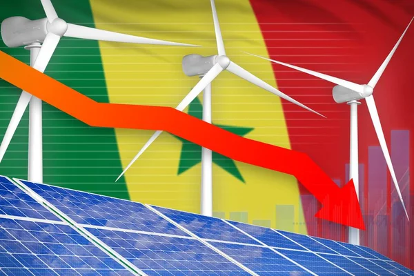 Senegal solar and wind energy lowering chart, arrow down  - green energy industrial illustration. 3D Illustration