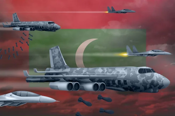 Die Malediven Bombardieren Luftangriffe Moderne Malediven Kampfflugzeuge Bombardieren Vor Flaggenhintergrund — Stockfoto