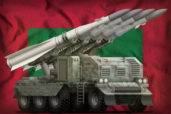 具有北极伪装的战术短程弹道导弹 悬挂马尔代夫国旗背景 3D说明 — 图库照片