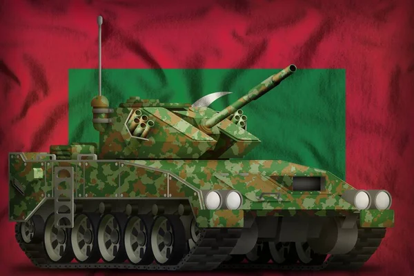 在马尔代夫国旗背景上有夏季伪装的轻型坦克停机坪 3D说明 — 图库照片