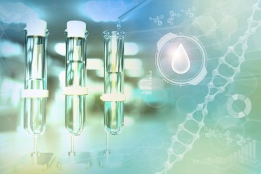Virüsler için içme suyu kalite testi (covid-2019 gibi) kavramı - modern biyoloji araştırma kliniğinde laboratuvar test tüpleri, tıbbi 3D illüstrasyon