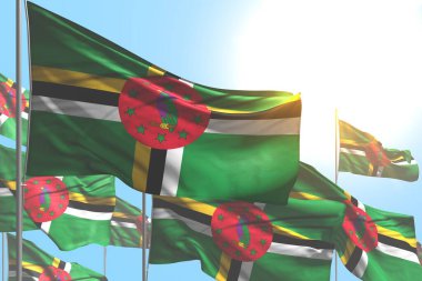 Mavi arka planda pek çok Dominika bayrağı dalgalanıyor - herhangi bir bayrak 3D resim