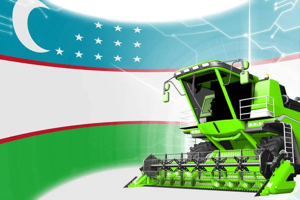 Agriculture innovation concept, green advanced rye combine harvester on Uzbekistan flag - digital industrial 3D illustration