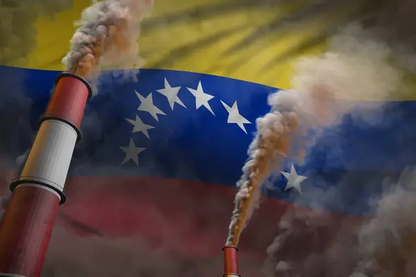 ベネズエラの公害の戦いの概念 フラグの背景に重い煙を持つ2つの巨大な産業用パイプ 産業用3Dイラスト — ストック写真