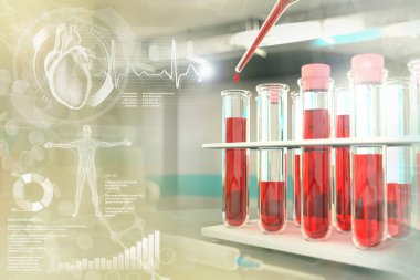 Biyolojik tesiste kanıtlar - monosit veya kolesterol için kan örneği DNA testi, yaratıcı kaplamalı tıbbi 3D illüstrasyon