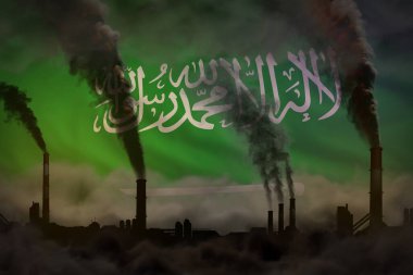 Karanlık kirlilik, iklim değişikliği kavramına karşı mücadele - Suudi Arabistan bayraklarında yoğun duman - endüstriyel 3D illüstrasyon