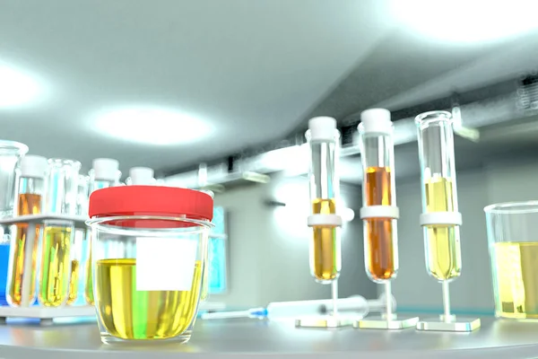 现代生物技术办公室的实验室试管 上皮细胞或肾病的尿质试验 医学三维图例 — 图库照片